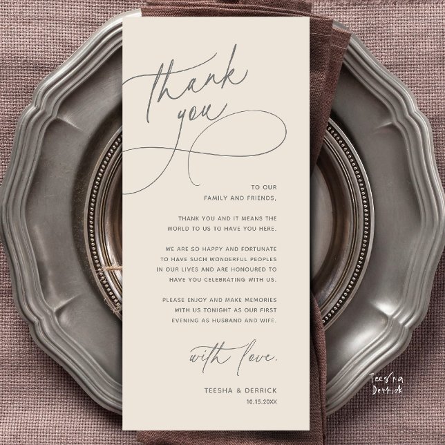 Tarjeta de agradecimiento para boda romántica mode (Modern Romantic Wedding Reception Dinner Lunch Brunch Thank You Card in Cream grey)