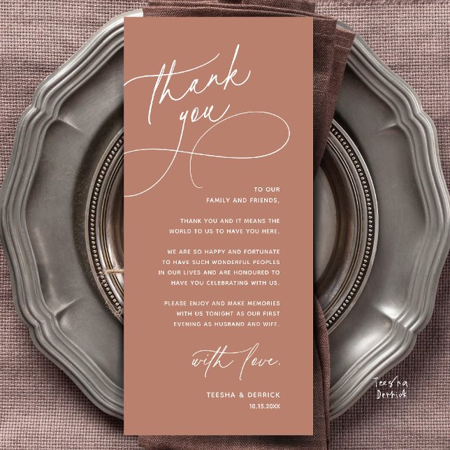 Tarjeta de agradecimiento para boda romántica mode (Modern Romantic Wedding Reception Dinner Lunch Brunch Thank You Card in Terracotta Earthy Brown)