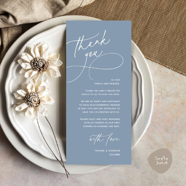Tarjeta de agradecimiento para boda romántica mode (Modern Romantic Wedding Reception Dinner Lunch Brunch Thank You Card in Dusty Blue)