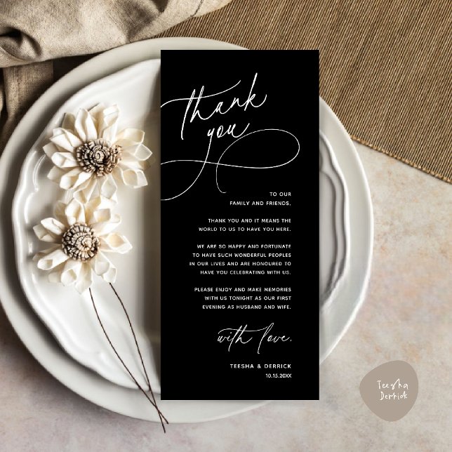 Tarjeta de agradecimiento para boda romántica mode (Modern Romantic Wedding Reception Dinner Lunch Brunch Thank You Card in Black and white)