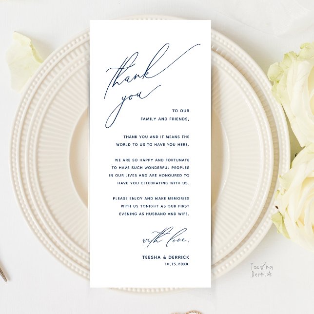 Tarjeta de agradecimiento para boda romántica mode (Romantic Modern Wedding Reception Dinner Thank You Card in Navy Blue)