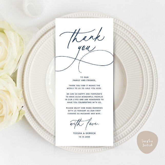 Tarjeta de agradecimiento para boda romántica mode (Romantic Modern Wedding Reception Dinner Thank You Card in navy blue)