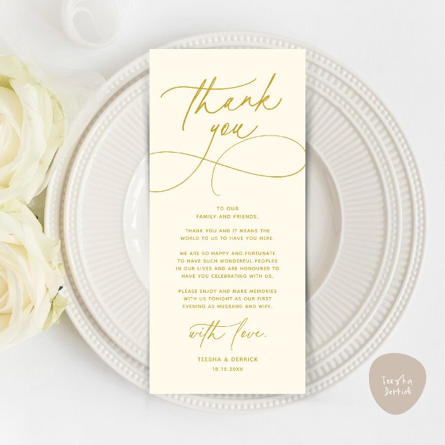 Tarjeta de agradecimiento para boda romántica mode (Romantic Modern Wedding Reception Dinner Thank You Card in yellow cream gold)