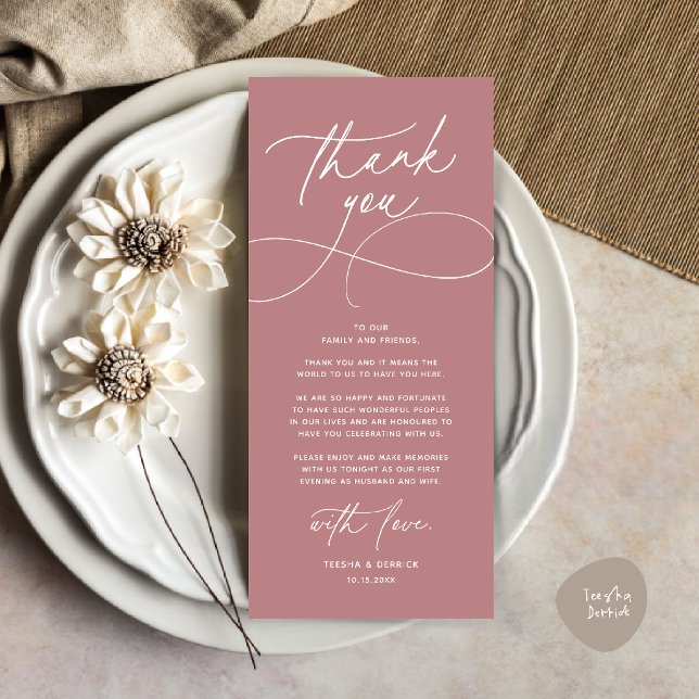 Tarjeta de agradecimiento para boda romántica mode (Romantic Modern Wedding Reception Dinner Thank You Card in dusty rose pink)