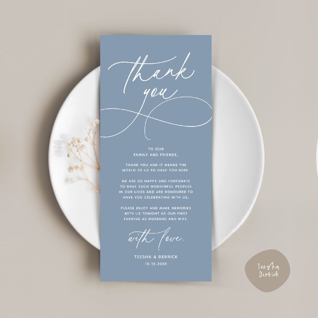 Tarjeta de agradecimiento para boda romántica mode (Romantic Modern Wedding Reception Dinner Thank You Card in dusty blue)