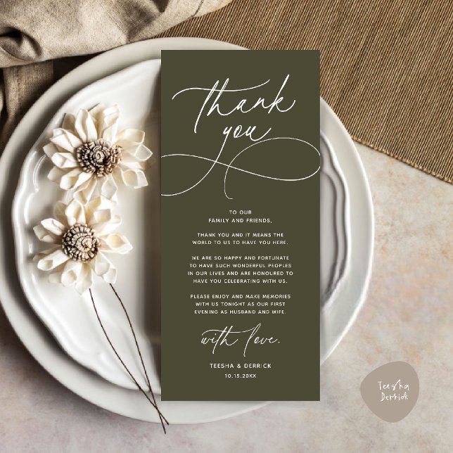 Tarjeta de agradecimiento para boda romántica mode (Romantic Modern Wedding Reception Dinner Thank You Card in olive green)