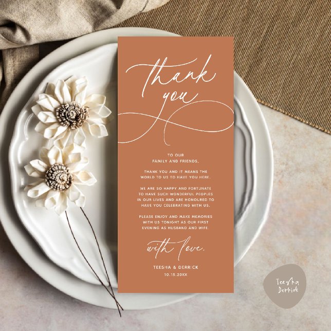 Tarjeta de agradecimiento para boda romántica mode (Romantic Modern Wedding Reception Dinner Thank You Card in copper terracotta brown)