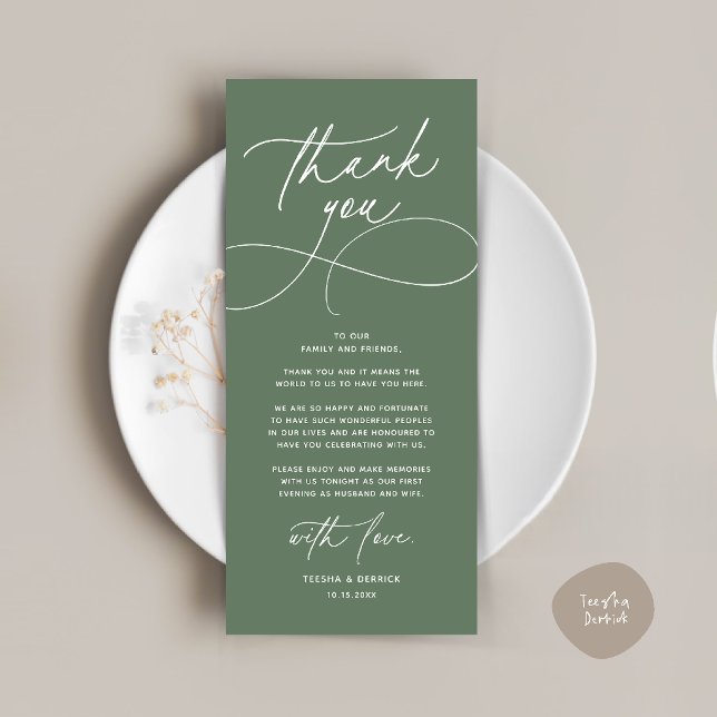 Tarjeta de agradecimiento para boda romántica mode (Romantic Modern Wedding Reception Dinner Thank You Card in sage green)
