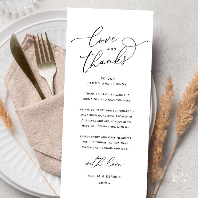 Tarjeta de agradecimiento para cena de boda, Amor  (Love and Thanks, Wedding Romantic Reception Thank You Card in Black and White)