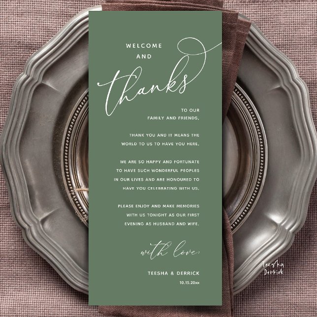 Tarjeta de agradecimiento para cena de boda, Bienv (Welcome and Thanks, Happily Ever After Modern Wedding Dinner Thank You Card in Classy Sage Green)