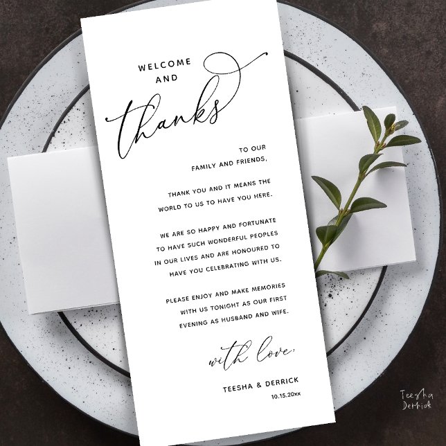 Tarjeta de agradecimiento para cena de boda, Bienv (Welcome and Thanks, Wedding Dinner Thank You Card in Black and white)
