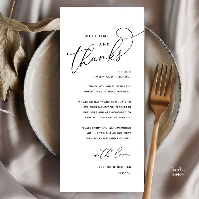 Tarjeta de agradecimiento para cena de boda, Bienv (Welcome n Thanks Wedding Reception Dinner Brunch Lunch Thank You Card in Black White)