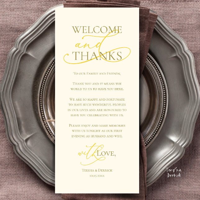 Tarjeta de agradecimiento para cena de boda, Bienv (Welcome and Thanks, Wedding Dinner Thank You Card in Yellow Gold)