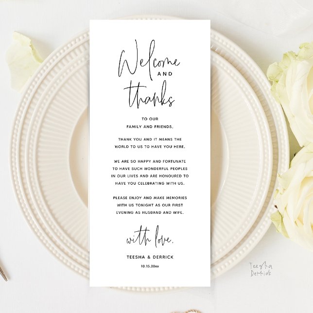 Tarjeta de agradecimiento para cena de boda, Bienv (Welcome and Thanks, Wedding Dinner Thank You Card in Black White)