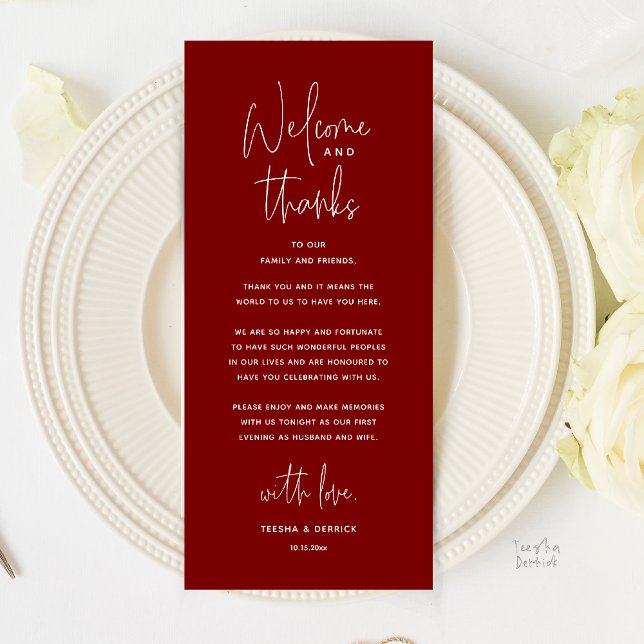 Tarjeta de agradecimiento para cena de boda, Bienv (Welcome and Thanks, Wedding Dinner Thank You Card in Burgundy Wine Deep Red)
