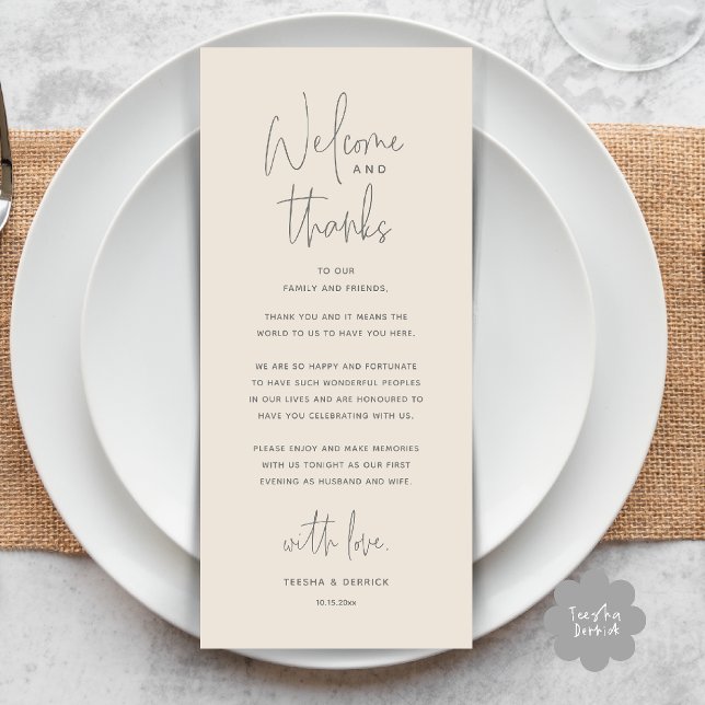Tarjeta de agradecimiento para cena de boda, Bienv (Welcome and Thanks, Wedding Dinner Thank You Card in Cream Grey)