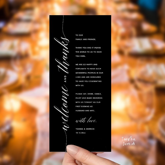 Tarjeta de agradecimiento para cena de boda clásic (Modern Classy Wedding Reception Dinner Thank You Card, Bridal Shower in Black and White)