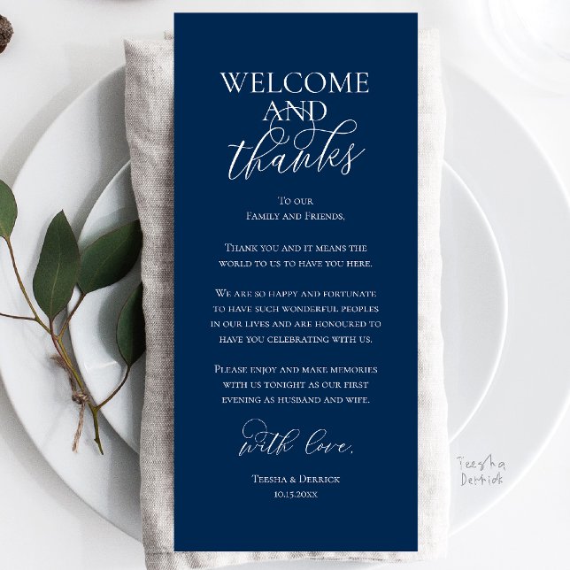 Tarjeta de agradecimiento para cena de boda de bie (Welcome and Thanks Wedding Reception Dinner Celebration Thank You Card in Navy Blue)