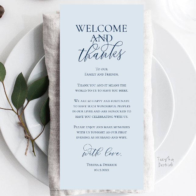 Tarjeta de agradecimiento para cena de boda de bie (Welcome and Thanks Wedding Reception Dinner Celebration Thank You Card in Misty Navy Blue)
