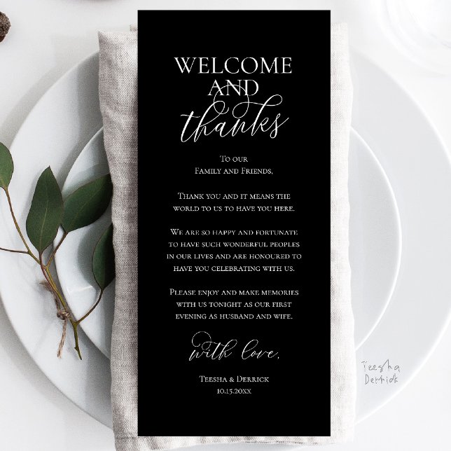 Tarjeta de agradecimiento para cena de boda de bie (Welcome and Thanks Wedding Reception Dinner Celebration Thank You Card in Classy Black)