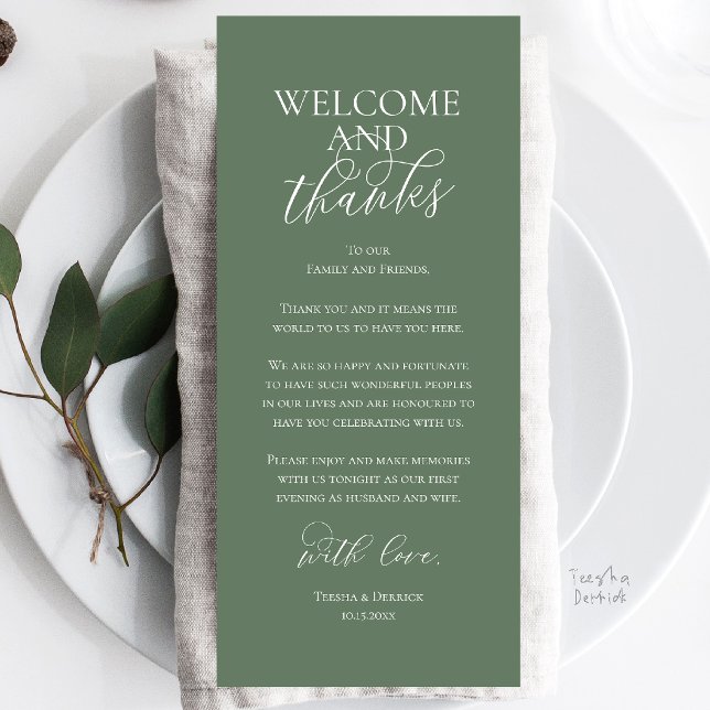 Tarjeta de agradecimiento para cena de boda de bie (Welcome and Thanks Wedding Reception Dinner Celebration Thank You Card in Sage Green)