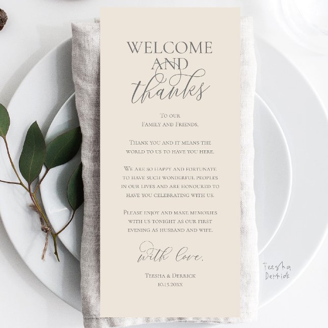 Tarjeta de agradecimiento para cena de boda de bie (Welcome and Thanks Wedding Reception Dinner Celebration Thank You Card in Cream Grey)