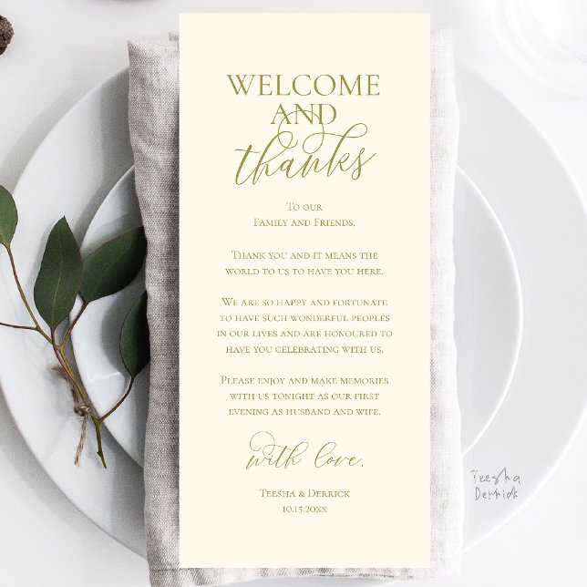 Tarjeta de agradecimiento para cena de boda de bie (Welcome and Thanks Wedding Reception Dinner Celebration Thank You Card in Yellow Gold Cream)