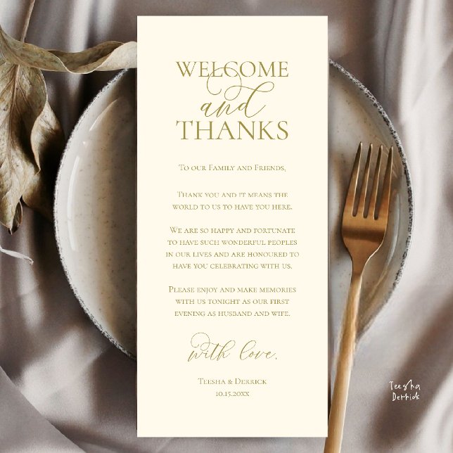 Tarjeta de agradecimiento para cena de boda de bie (Welcome and Thanks Wedding Reception Dinner Thank You Card in Yellow Gold)