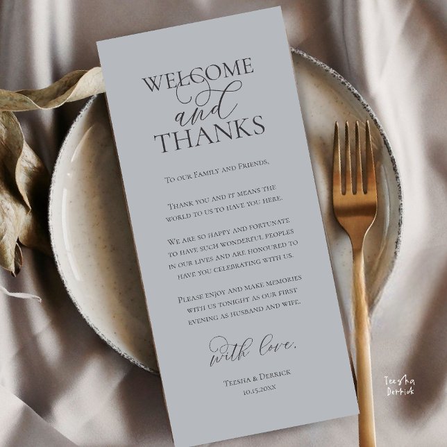Tarjeta de agradecimiento para cena de boda de bie (Welcome and Thanks Wedding Reception Dinner Thank You Card in Charcoal Chill Grey)