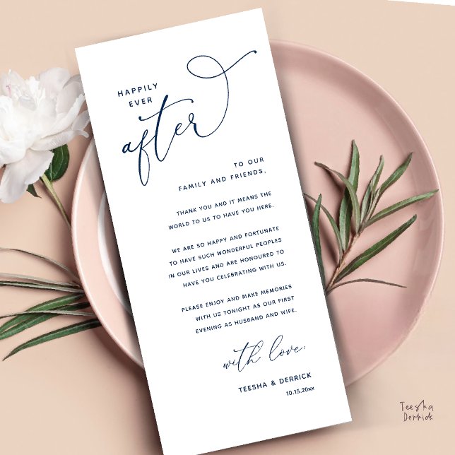Tarjeta de agradecimiento para cena de boda Felice (Welcome and Thanks, Happily Ever After Modern Wedding Dinner Thank You Card in Classy Navy Blue)