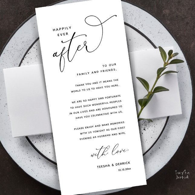 Tarjeta de agradecimiento para cena de boda Felice (Happily Ever After Wedding Dinner Thank You Card in Black and White)