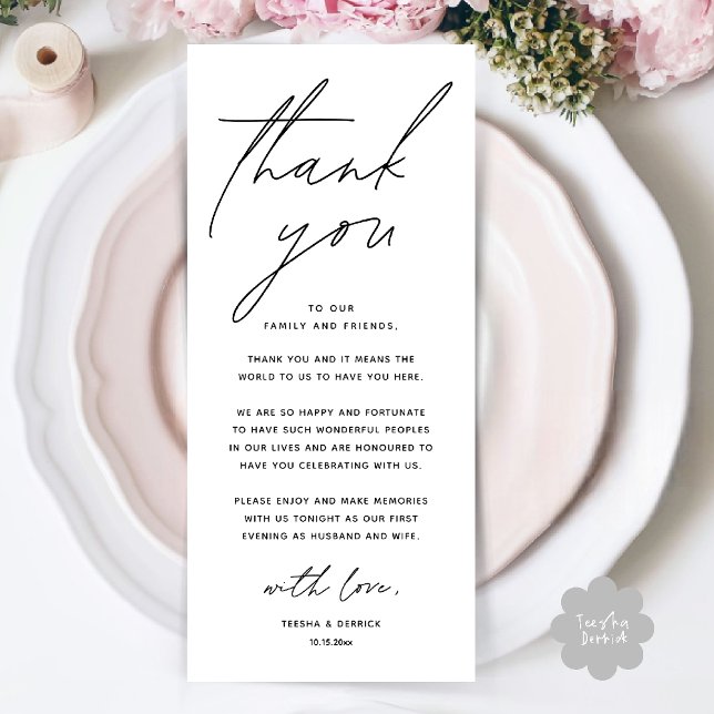 Tarjeta de agradecimiento para cena de boda minima (Wedding Minimalist Wedding Dinner Brunch Lunch Reception Thank You Card in Black and white)