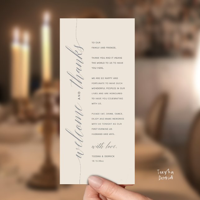 Tarjeta de agradecimiento para cena de boda modern (Modern Classy Wedding Reception Dinner Thank You Card, Bridal Shower in Cream and Grey)