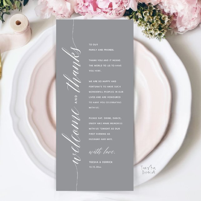 Tarjeta de agradecimiento para cena de boda modern (Modern Classy Wedding Reception Dinner Thank You Card, Bridal Shower in Dark Grey)