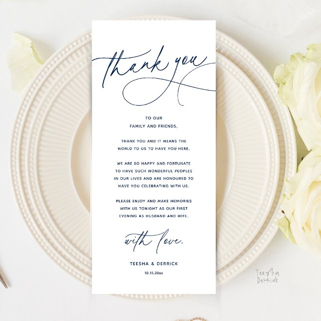 Tarjeta de agradecimiento para cena de boda románt (Modern Romantic Wedding Reception Dinner Thank You Card in Navy Blue)