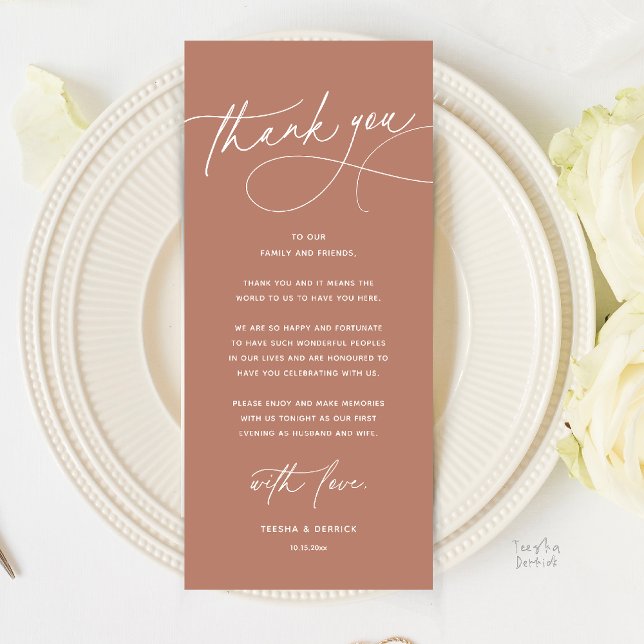 Tarjeta de agradecimiento para cena de boda románt (Modern Romantic Wedding Reception Dinner Thank You Card in Terracotta Earthy Brown)