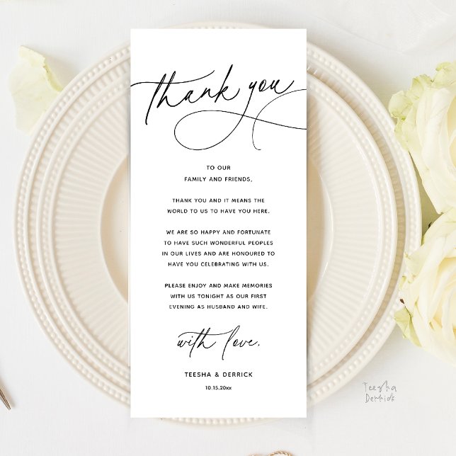 Tarjeta de agradecimiento para cena de boda románt (Modern Romantic Wedding Reception Dinner Thank You Card in black and white)