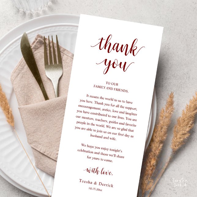 Tarjeta de agradecimiento para cena de boda rústic (Modern Rustic Wedding Dinner Thank You Card Reception Lunch Brunch Reception in Burgundy Wine Red)