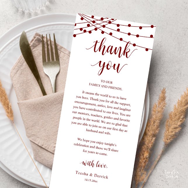 Tarjeta de agradecimiento para cena de boda rústic (Modern Rustic Wedding Dinner Thank You Card Reception Reception String Lights Burgundy Wine Red)