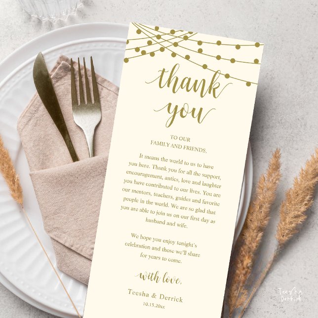 Tarjeta de agradecimiento para cena de boda rústic (Modern Rustic Wedding Dinner Thank You Card Reception Reception String Lights Yellow Gold)