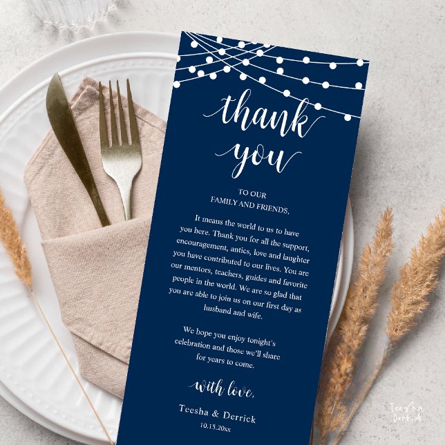 Tarjeta de agradecimiento para cena de boda rústic (Modern Rustic Wedding Dinner Thank You Card Reception Reception String Lights navy Blue)