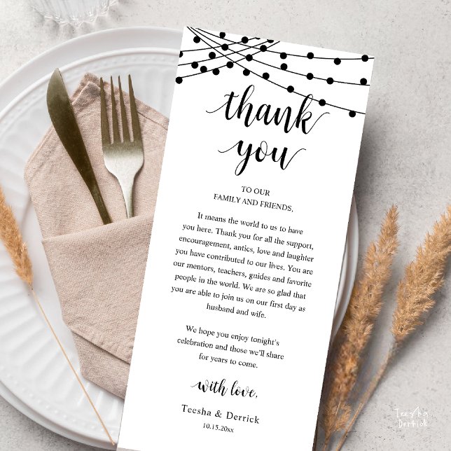 Tarjeta de agradecimiento para cena de boda rústic (Modern Rustic Wedding Dinner Thank You Card, Reception string lights, Black and White)