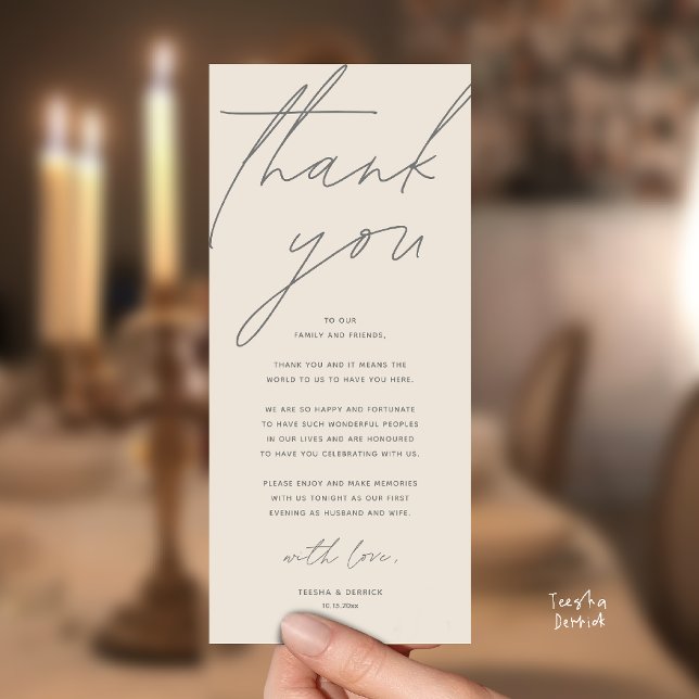Tarjeta de agradecimiento para cena de recepción d (Modern Wedding Reception Dinner Lunch Brunch Party Thank You Card in warm cream grey)