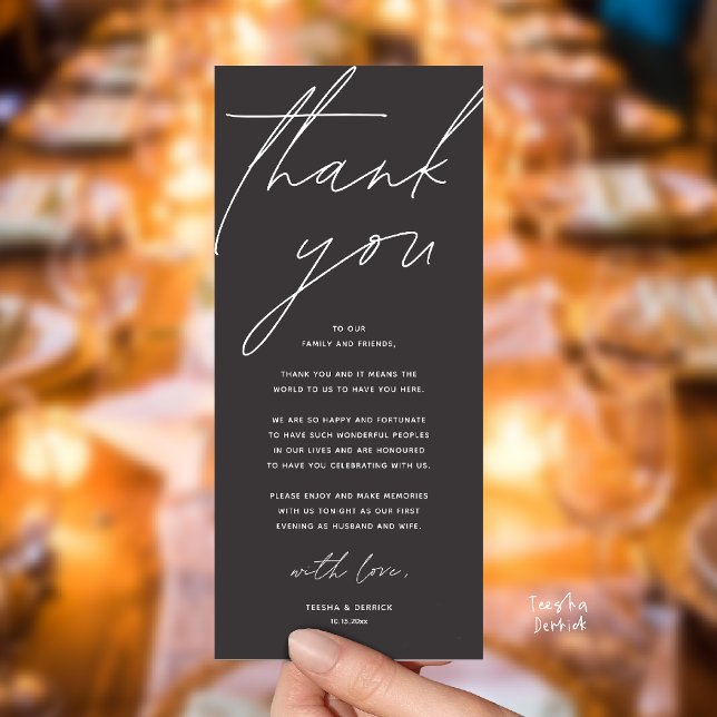 Tarjeta de agradecimiento para cena de recepción d (Modern Wedding Reception Dinner Lunch Brunch Party Thank You Card in charcoal grey)