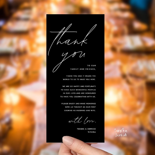 Tarjeta de agradecimiento para cena de recepción d (Modern Wedding Reception Dinner Lunch Brunch Party Thank You Card in white black)