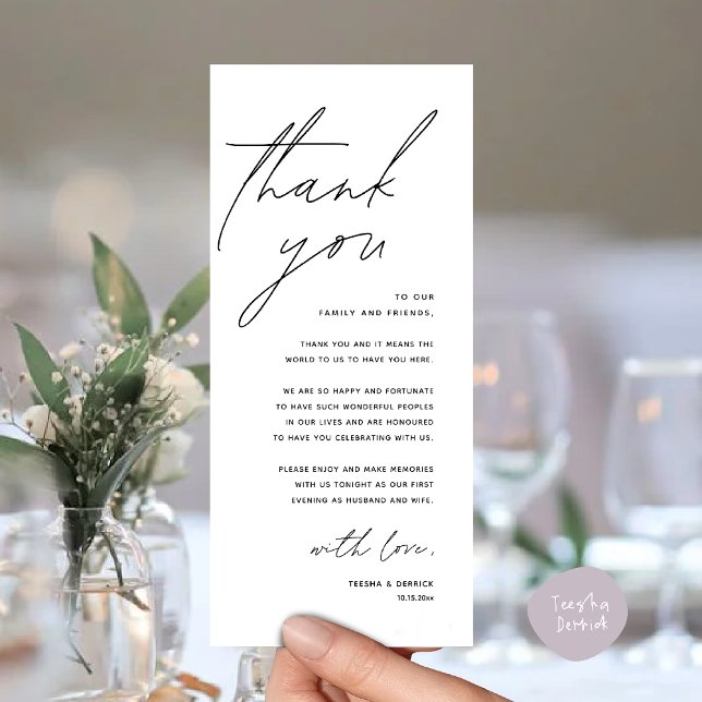 Tarjeta de agradecimiento para cena de recepción d (Modern Wedding Reception Dinner Lunch Brunch Party Thank You Card in black and white)