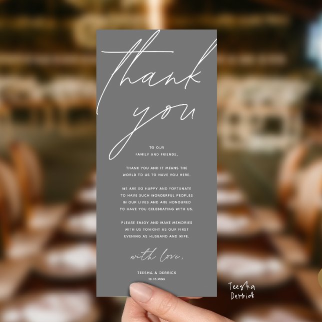 Tarjeta de agradecimiento para cena de recepción d (Modern Wedding Reception Dinner Lunch Brunch Party Thank You Card in dark grey)