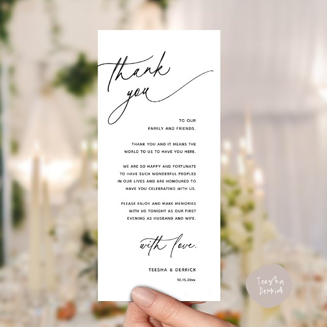 Tarjeta de agradecimiento para cena de recepción d (Romantic Wedding Reception Dinner Thank You Card in Black and White)