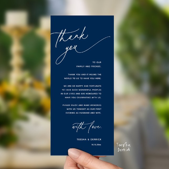 Tarjeta de agradecimiento para cena de recepción d (Romantic Wedding Reception Dinner Thank You Card in Navy Blue)