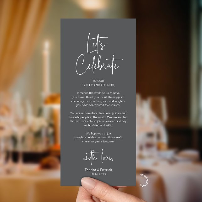 Tarjeta de agradecimiento para cena de recepción d (Modern Classy Wedding Reception Dinner Thank You Card in Charcoal Grey)